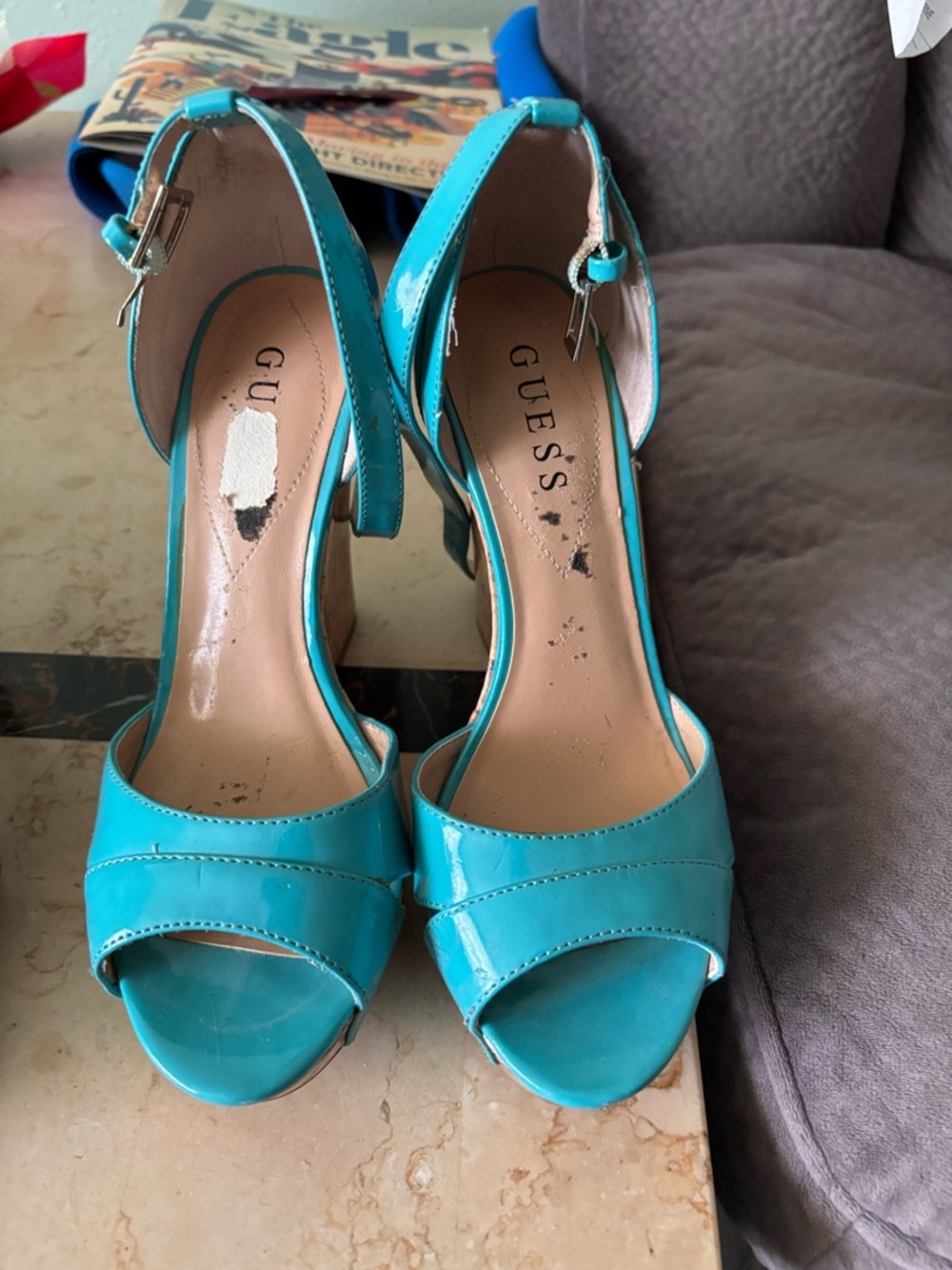 GUESS Turquoise Patent Open-Toe Ankle Strap Heels